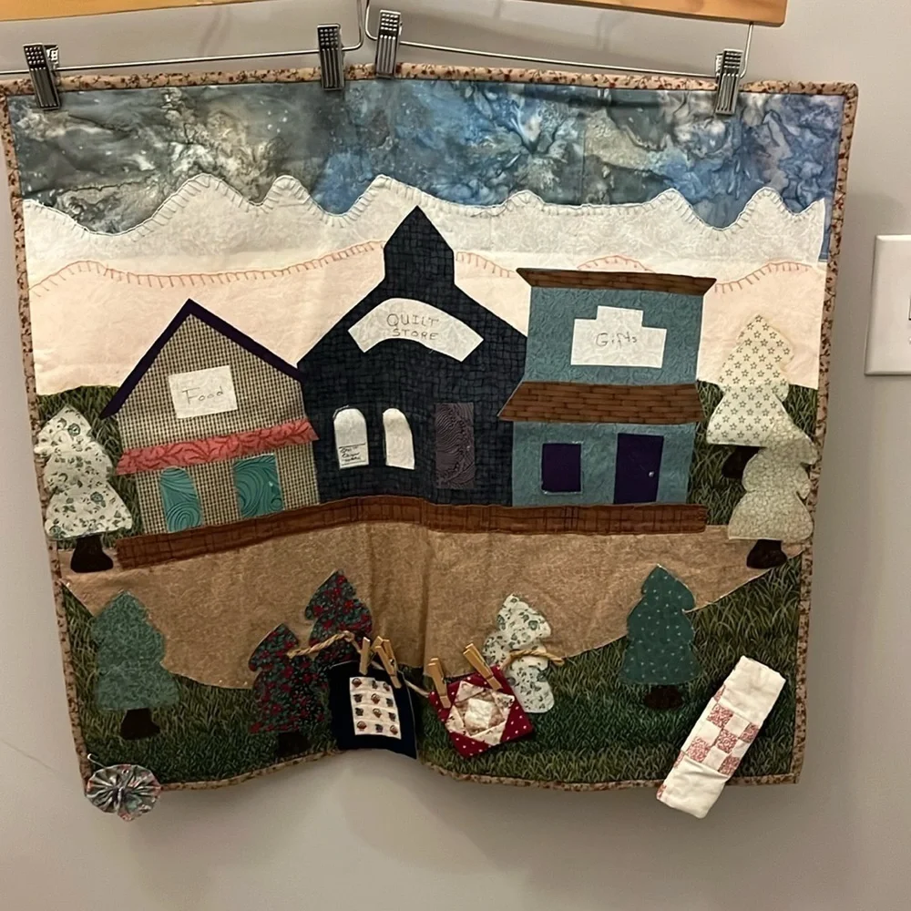 Quilted Wall Hanging Handmade Stitching Store Clothesline 27” x 24”